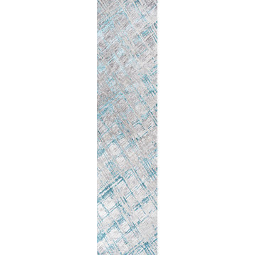 Slant Modern Abstract Area Rug, Gray/Turquoise, 2'x10'