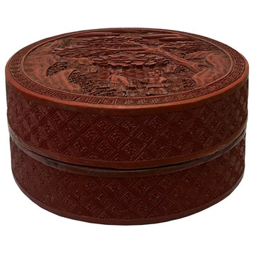 Vintage Chinese Red Resin Lacquer Round Carving Small Accent Box hws3012