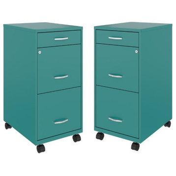 Home Square 3 Drawer Mobile Metal Filing Cabinet Set in Teal Blue (Set of 2)