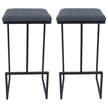 LeisureMod Quincy Quilted Stitched Leather Bar Stools Set of 2 in Peacock Blue