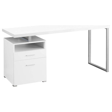 Contemporary Desk, Open Style Base With Silver Legs and Side Drawers, White