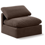 Meridian Furniture - Indulge Upholstered Modular Chair, Brown, Down Stuffed Velvet, Armless Chair - Experience ultimate comfort and style with our brown velvet Indulge Armless Chair. The luxurious velvet will elevate the aesthetic of any room. This chair provides ample space for you to relax while its modular build offers the option of unlimited configurations. Whether you're looking to add a stylish element to your living room or a comfortable seating option to your bedroom, this chair is the perfect choice.