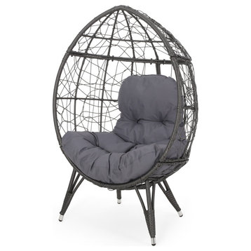 Gina Indoor Wicker Teardrop Chair With Cushion, Gray/Dark Gray