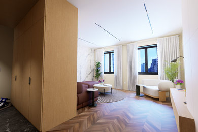 Small danish medium tone wood floor and wood wall living room photo in Chicago with white walls and no fireplace