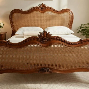 French Country Cane Footboard | Hand-Carved Louis XV Style Wood Bed