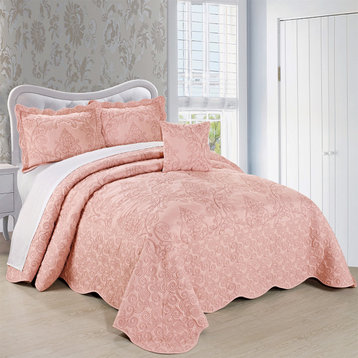 Damask Embroidered Quilted 4 Piece Bed Spread Sets, Dusty Pink, Queen