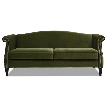 Elaine 77" Camel Back Small Space Sofa, Olive Green Performance Velvet