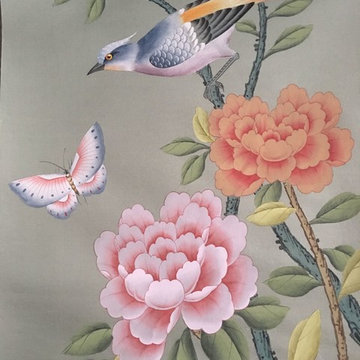 Chinoiserie Hand painted and Hand Embroidered wallpaper on dyed silk
