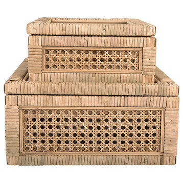 Cane and Rattan Display Boxes With Glass Lid, 2-Piece Set