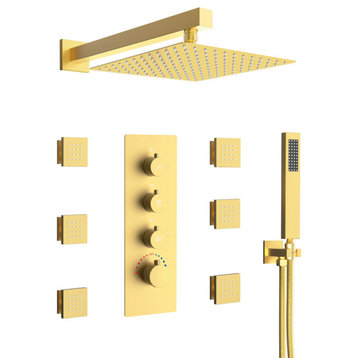Thermostatic Shower System with 12" Rain Shower Head, Hand Shower,Jets, Brushed Gold