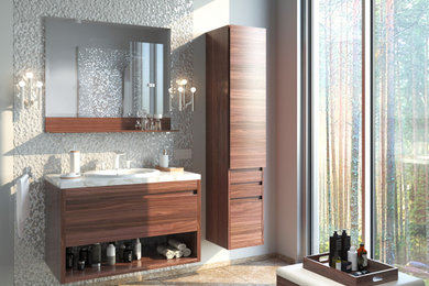 Inspiration for a mid-sized contemporary master gray tile beige floor and single-sink bathroom remodel in Moscow with flat-panel cabinets, medium tone wood cabinets, an undermount sink, marble countertops, white countertops and a floating vanity