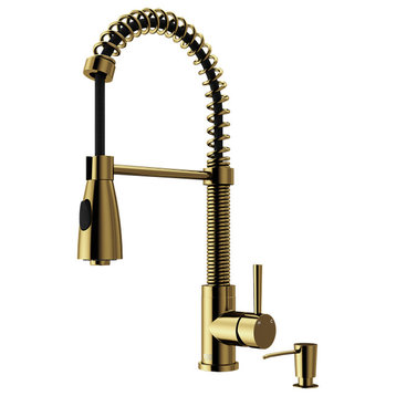 Brant Pull-Down Spray Kitchen Faucet, Matte Gold, With Soap Dispenser