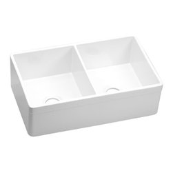 Elkay Fireclay Equal Double Bowl Farmhouse Sink, White - Kitchen Sinks