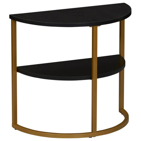 Half Moon Side End Table With Storage Shelf Black Oak Wood Grain and Gold Metal