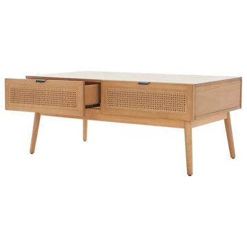 Modern Coffee Table, Large Top and 2 Storage Drawers With Rattan Front, Natural