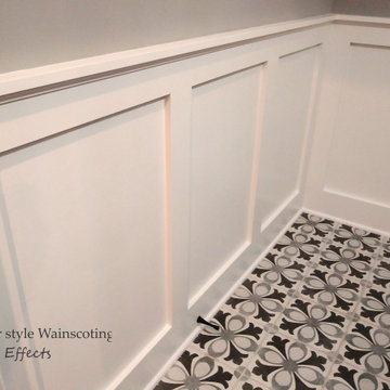 Shaker style wainscoting in powder room.