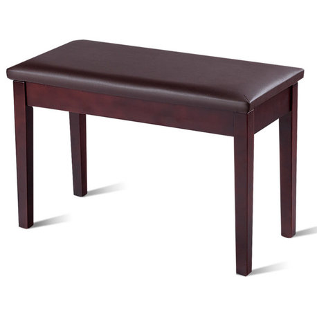 Costway Solid Wood PU Leather Piano Bench Padded Double Duet Seat Storage Brown