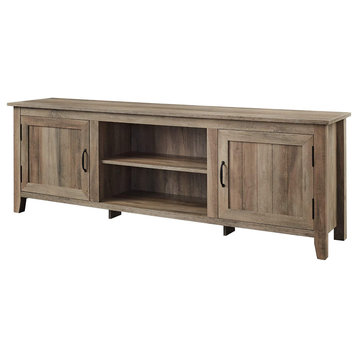 Modern Farmhouse TV Stand, Center Open Shelf and 2 Side Cabinets, Grey Wash