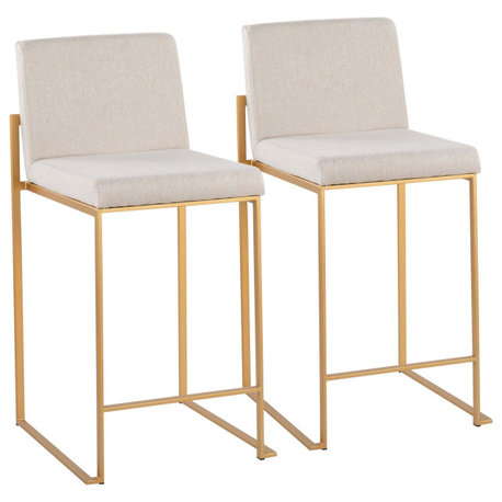 Fuji High Back Counter Stool, Set of 2, Gold Steel, Beige Fabric