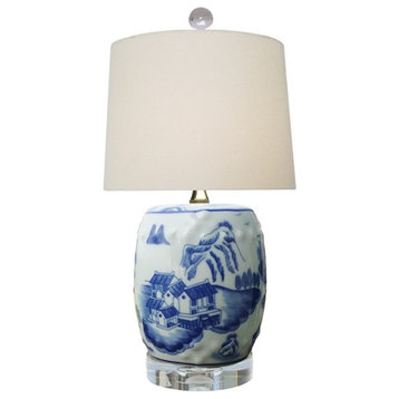 Chinese Blue and White Porcelain Mini Garden Stool Blue Willow Table Lamp 17.5"