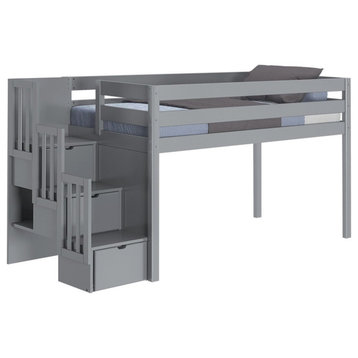 Contemporary Twin Size Loft Bed, Integrated Safety Rails With Stairway, Gray