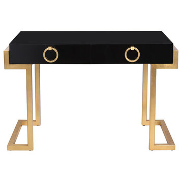 Safavieh Couture Maia 2-Drawer Lacquer Desk, Black, Gold Leaf