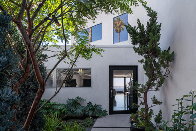 Großer Moderner Eingang mit Betonboden, Drehtür und Haustür aus Metall in Los Angeles