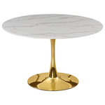 Meridian Furniture - Holly Faux Marble Top Dining Table, Gold Base, 48" Round Top - Add the Holly 36" dining table to your kitchen, den or office to enjoy its petite size and elegant lines. The tabletop is made of 10MM thick glass with a glamorous marble veneer. A shiny gold pedestal base adds to the appeal of this gorgeous piece, and lets it fit into smaller spaces comfortably. Choose from a wide array of available matching chair styles to complete your contemporary style decor.
