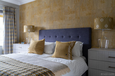 Bedroom - mid-sized mid-century modern master beige floor and wallpaper bedroom idea in Other