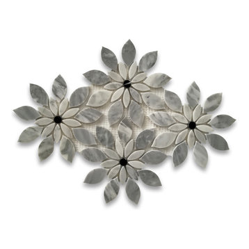 Carrara Marble Wild flower Rain Flower Waterjet Tile Gray Black Polish, 1 sheet