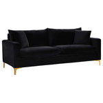 Meridian Furniture - Naomi Velvet Upholstered Sofa, Black - Curl up with a good book from the welcoming confines of this Naomi Black Velvet Sofa. The color of this sofa adds a bold touch to your decor and shakes up otherwise neutral color schemes. Plush velvet material feels cozy and comfortable against your skin, while deep seat cushions provide lots of room for you to stretch your legs. This sofa comes with both gold and chrome legs, so you can customize its look to meet your decor plans. Pillows are included for added homey warmth and comfort.