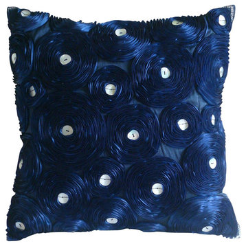 Blue Art Silk 18"x18" Ribbon Navy Blue Rose Pillows Cover, Navy Paradise