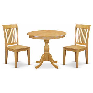 3 Pc Dinette Set, 1 Wood Table, 2 Oak Wood Chairs, Slatted Back Oak Finish