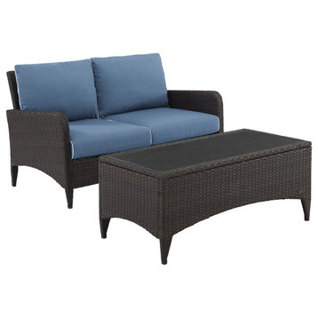 Kiawah 2-Piece Outdoor Wicker Chat Set, Blue/Brown Loveseat and Coffee Table