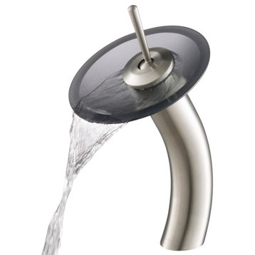 Glass Waterfall Vessel Bathroom Faucet Nickel, Frosted Black Glass Disk