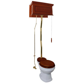 Mahogany High Tank Pull Chain Water Closet With White Round Bowl And Z-Pipe