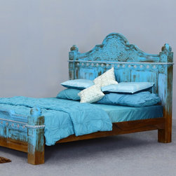 Empire Blue Dawn Solid Mango Wood Hand Carved Platform Bed - Panel Beds
