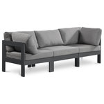 Meridian Furniture - Nizuc Water Resistant Patio Modular Straight Sofa, Gray, 3-Piece: 1 Armless Chair, 2 Corner Chair, Dark Gray Aluminum Frame - Pick and choose your favorites from the Nizuc collection to create a modular seating group the whole gang will enjoy. The sturdy aluminum frame provides dependable support for friends and family as they relax and unwind, and the resilient grey water resistant fabric stands up to the elements without losing its beautiful demeanor, so you can count on it lasting for the long haul. Latches beneath these seating pieces help you easily attach them to one another for convenient setup.