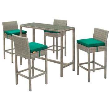 Outdoor Patio Bar Dining Chair and Table Set, Fabric Glass Rattan Wicker, Green