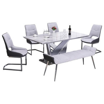White Faux Marble Dining Set with Stainless Steel and Gray Chairs and Bench
