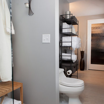 Master bath with enlarged shower and espresso bamboo vanity