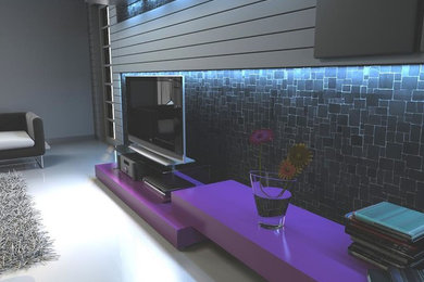Home theater - modern open concept home theater idea in Toronto with a media wall