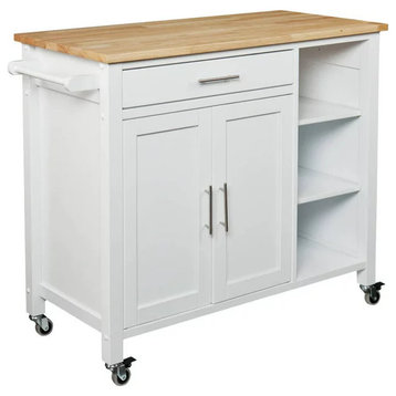 Transitional Kitchen Cart, Open Shelves & Framed Cabinet Doors, White/Natural