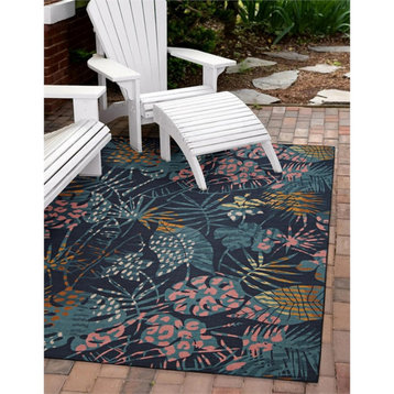 Linon Indoor Outdoor Machine Washable Myrtle Area 5'x7' Rug in Navy and Gold