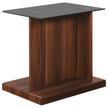 Liam 22" Square Side End Table, Brown Wood, Pedestal Base, Glass Top