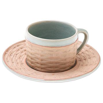 NOVICA Wicker In Green And Ceramic Cup And Saucer