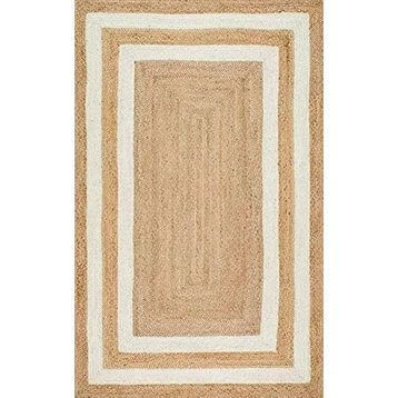 Farmhouse Area Rug, Natural Pure Jute With White Boundaries Accent, 7' X 10'