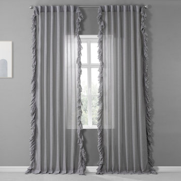 Nickel Faux Linen Ruffle Sheer Curtain Single Panel, 50W x 96L