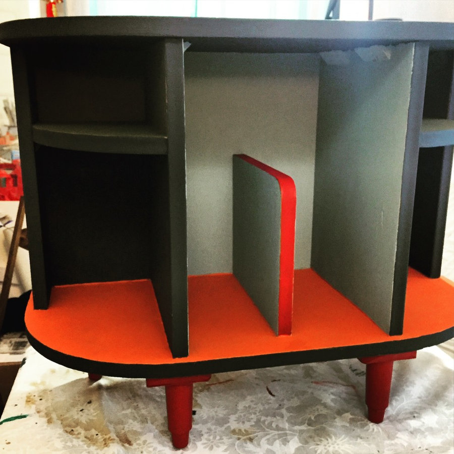 Mondrian Style Hand Painted MCM Small Demi Lune Table/Shelf