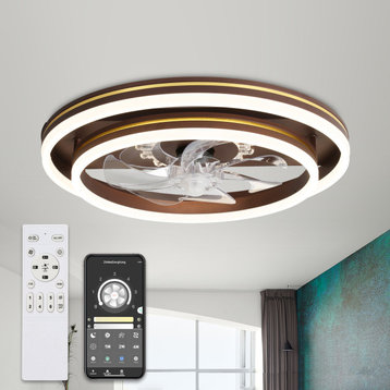 Flush Mount Ceiling Fan  Reversible Dimmable Ceiling Lighting with Remote, Coffee, 1pcs